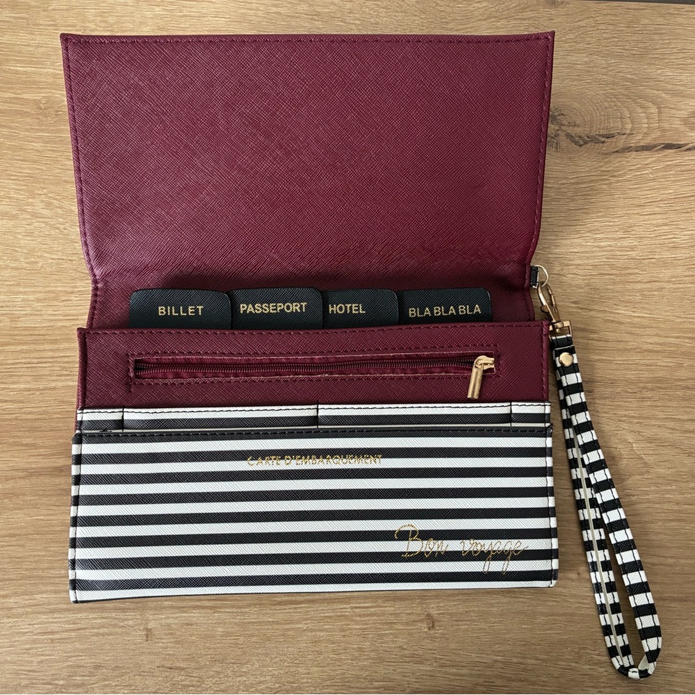 Chic Striped Travel Wallet with Burgundy Accent